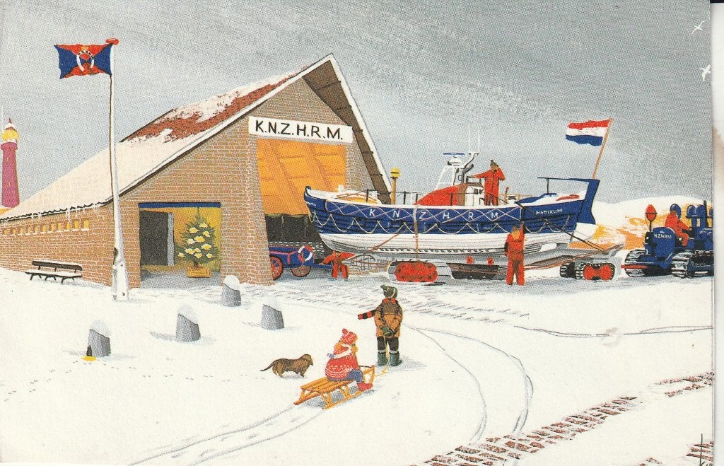 K.N.Z.H.R.M. reddingboot in de sneeuw - Kerstkaart, Ophalen of Verzenden, 1960 tot 1980, Gelopen, Feest(dag)