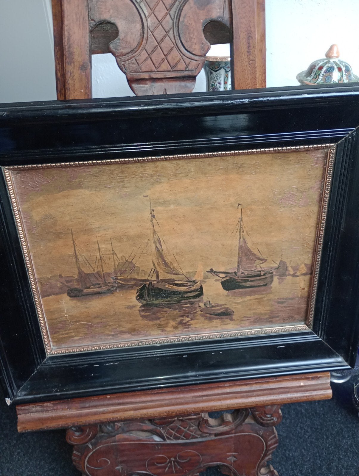 Oud schilderij met boten, Ophalen of Verzenden