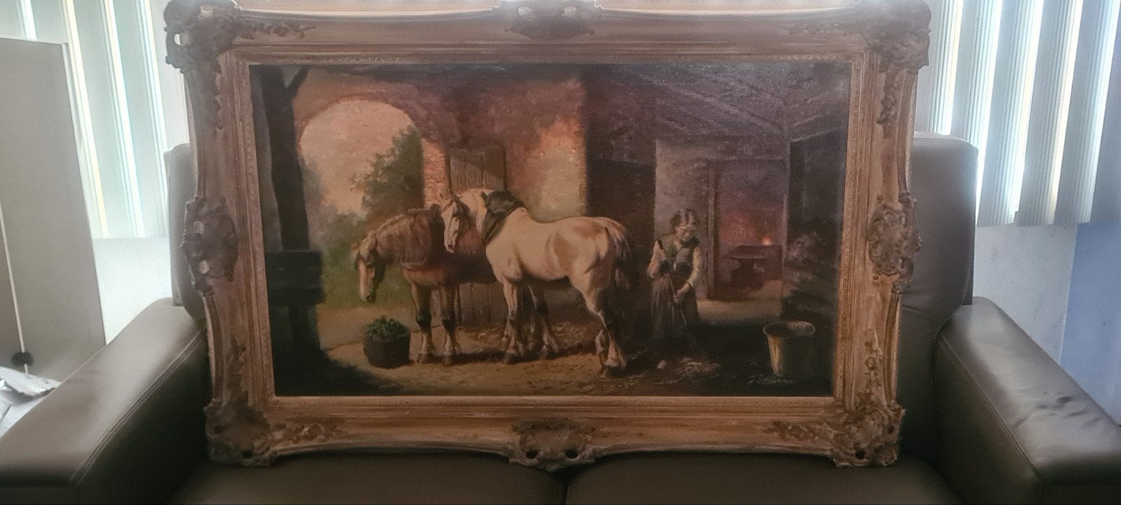 Klassiek olieverfschilderij: Paarden en boerin in stal, Antiek en Kunst, Ophalen of Verzenden