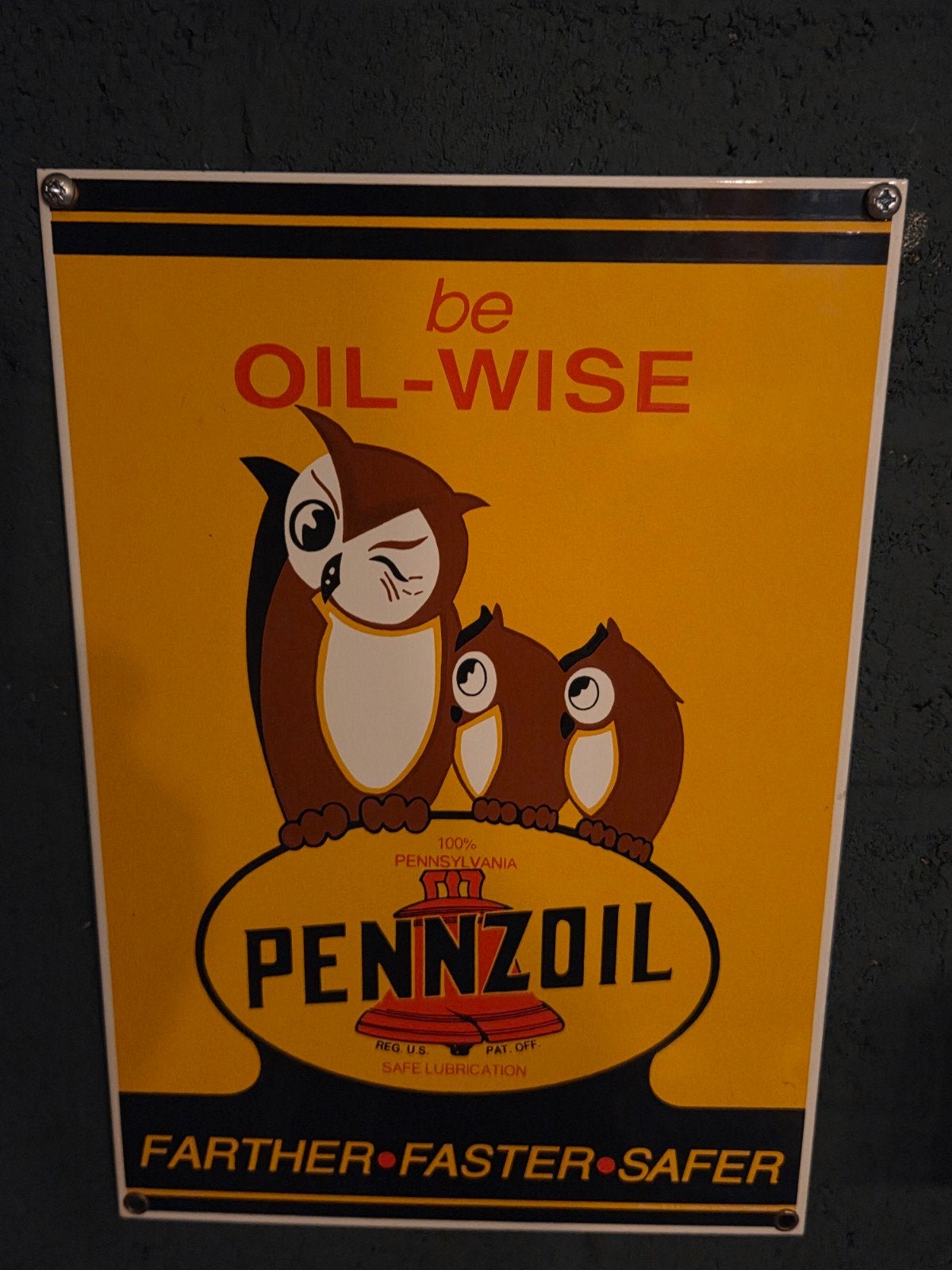 Vintage Pennzoil "Be Oil-Wise" Reclamebord met Uilen, Ophalen of Verzenden