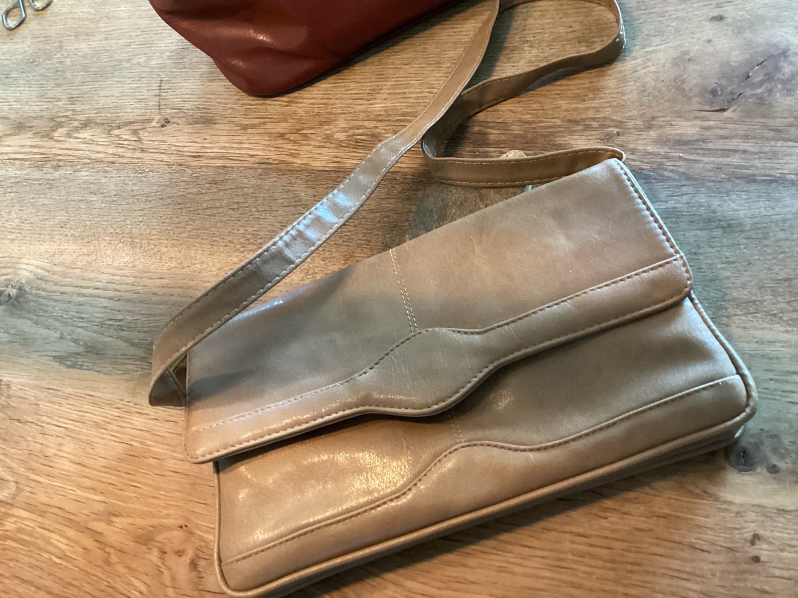 Vintage dames tas, Verzenden, Gebruikt, Beige, Leer