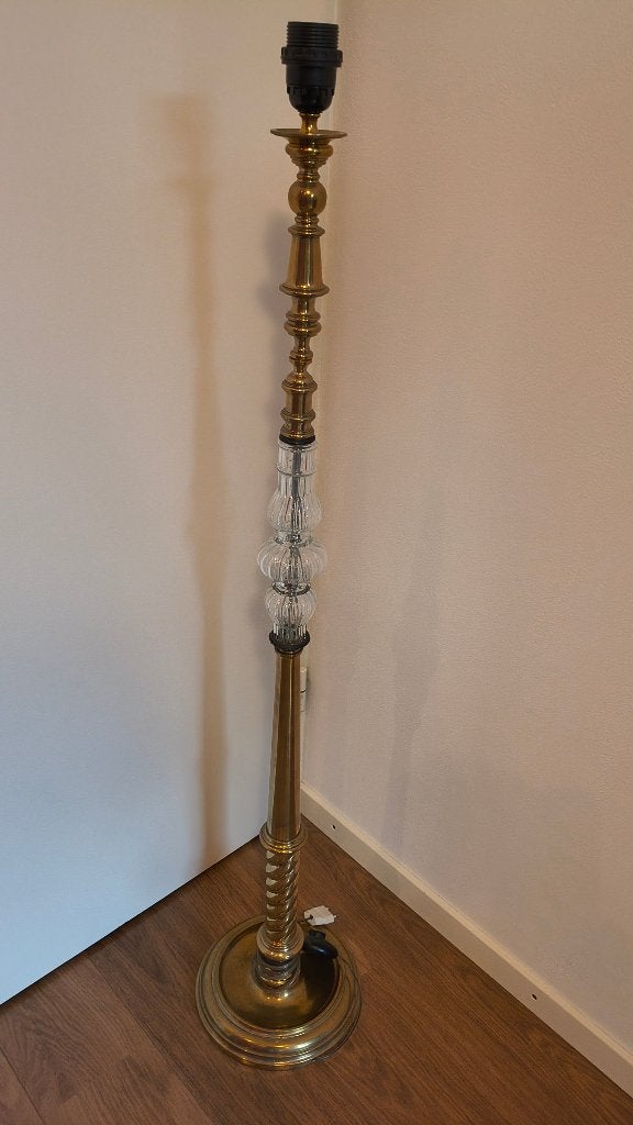 Antieke messing vloerlamp met glas, Gebruikt, 100 tot 150 cm, E27 (groot), Glas