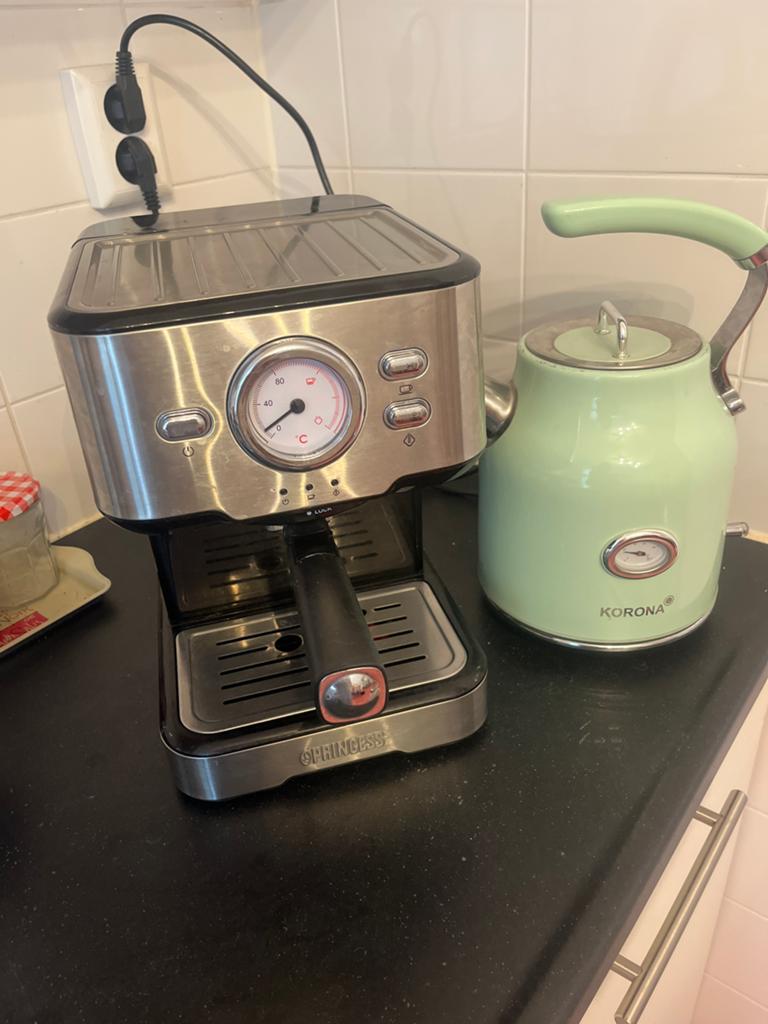 Vintage Groene Espressomachine en Waterkoker - Ook apart, Ophalen, Gebruikt, Espresso apparaat, Gemalen koffie