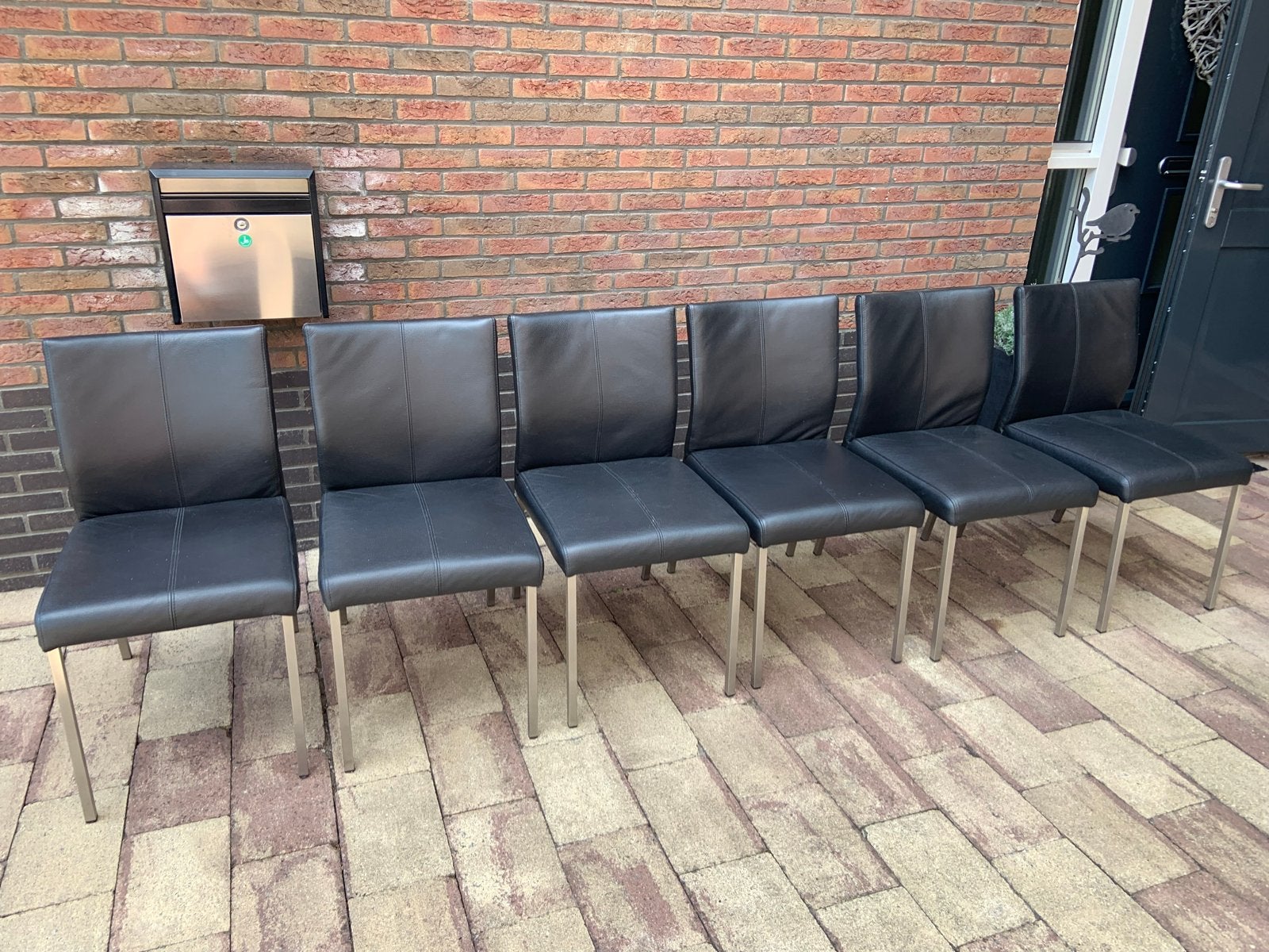 Zes leren eetkamerstoelen - Zwart 12.50€, Ophalen, Gebruikt, Zwart, Leer