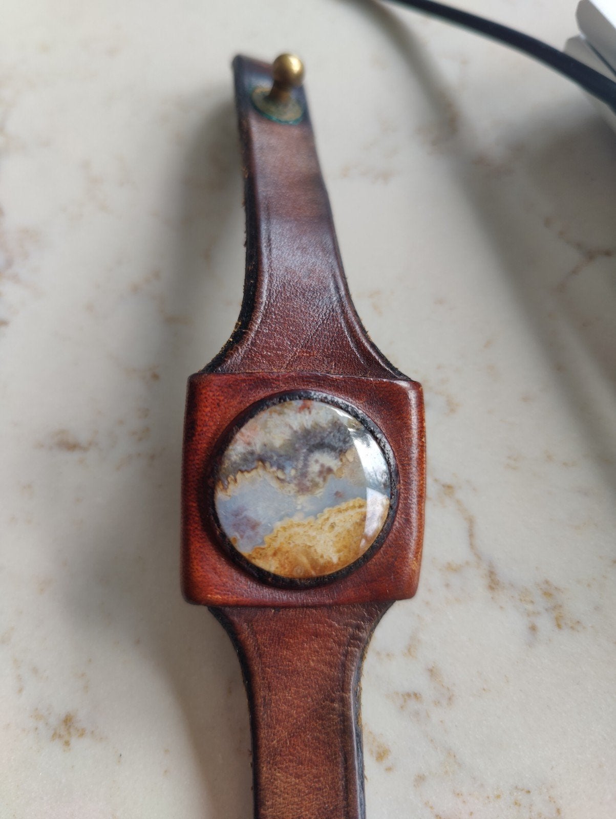 ​Vintage 70s leren kinderarmband met agaat / natuursteen (Bo, Sieraden, Tassen en Uiterlijk, Armbanden, Ophalen of Verzenden, Gebruikt