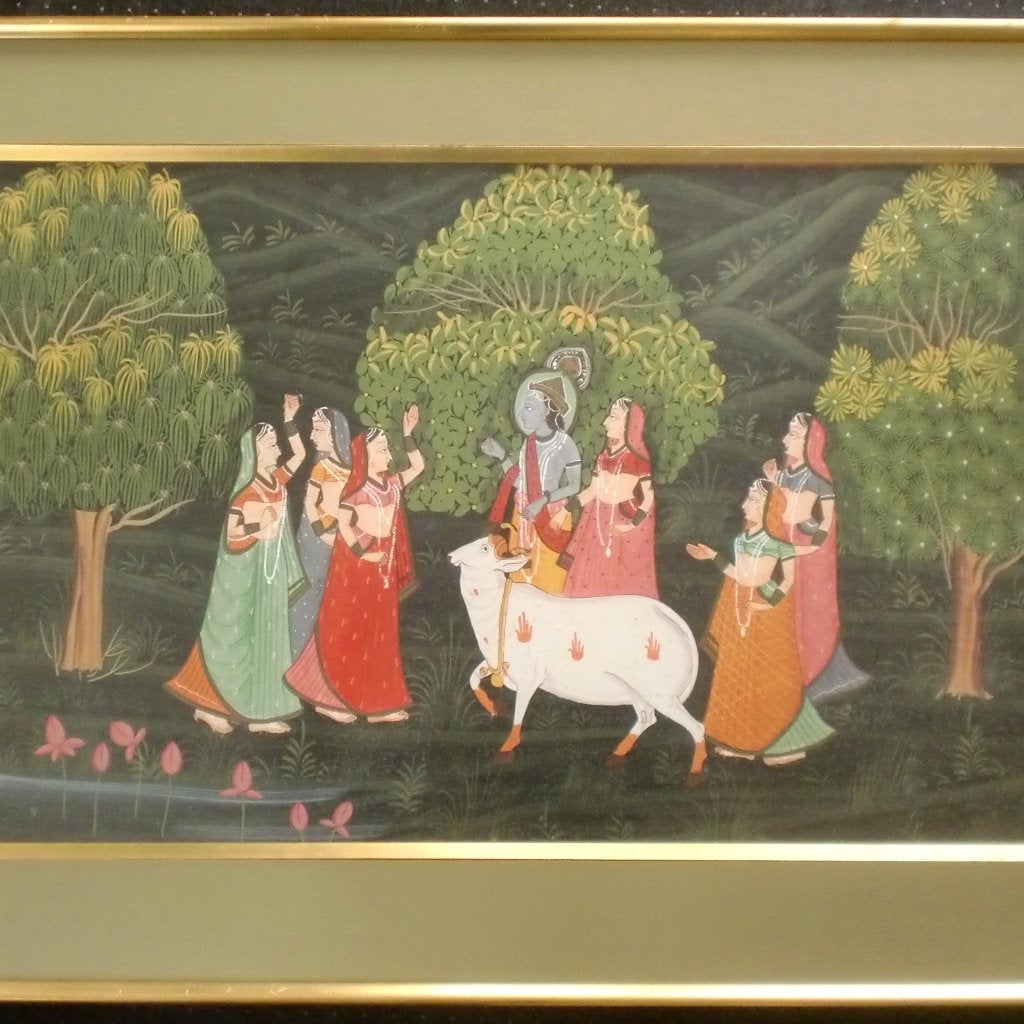Indiase kunst - Krishna met koe en harem, Gouache 43x72 cm, Overige stijlen, Portret of Personen, Ophalen of Verzenden, Gemengde techniek