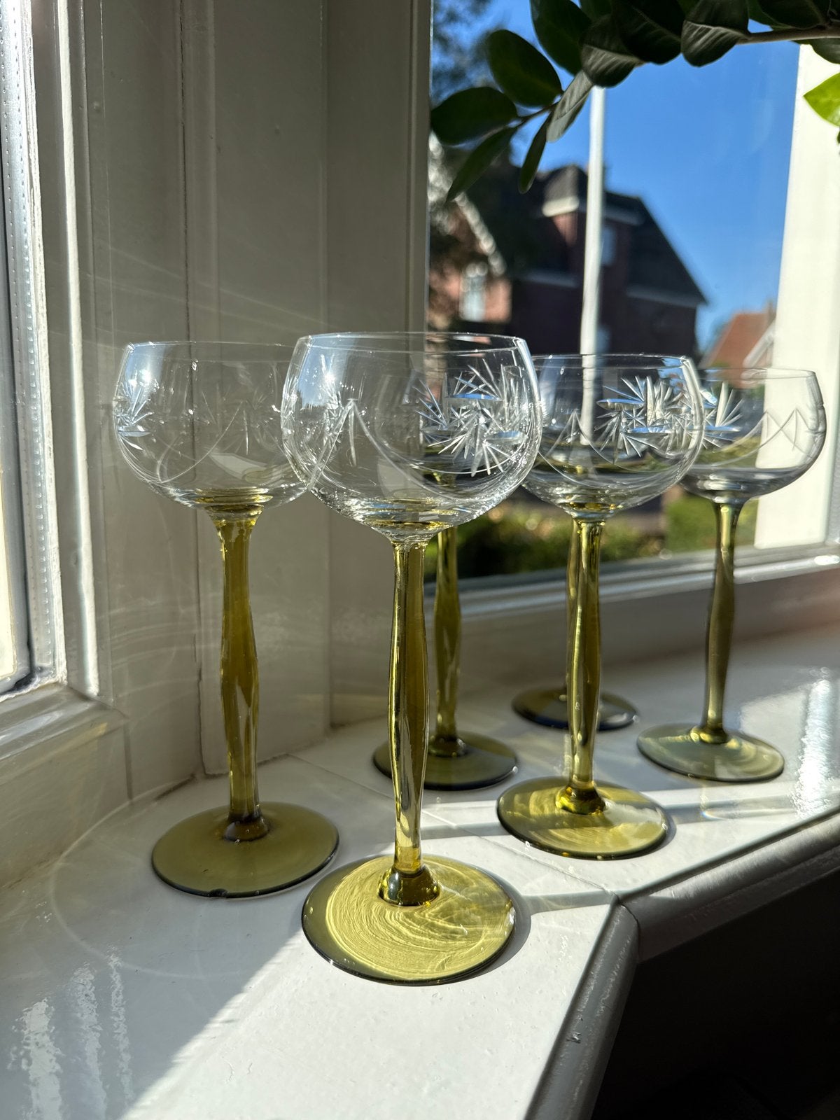 Set van 6 vintage wijnglazen met groene steel, Ophalen of Verzenden
