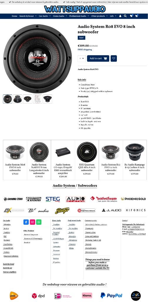 Audio System R08 EVO 8 inch subwoofer 20 cm, Info@optimount.nl, Nieuw, Ophalen of Verzenden, Anholtseweg 48A 7091 HB DINXPERLO