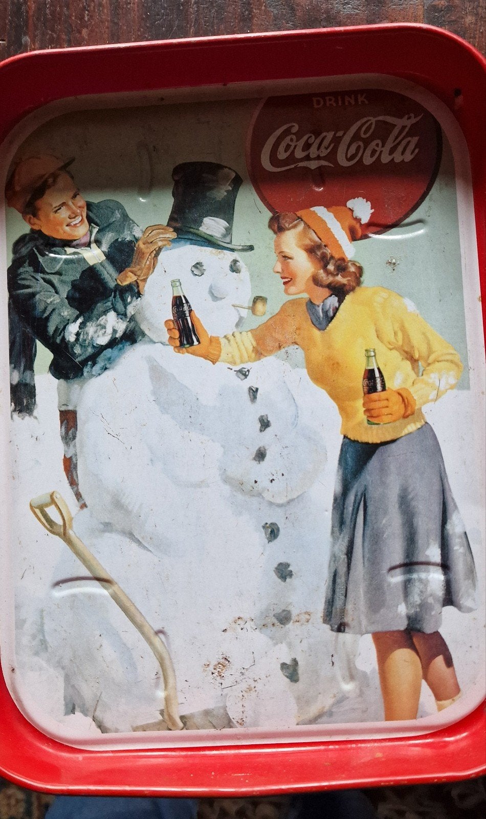 Vintage Coca-Cola dienblad - Sneeuwpop tafereel, Ophalen of Verzenden, Gebruikt, Gebruiksvoorwerp