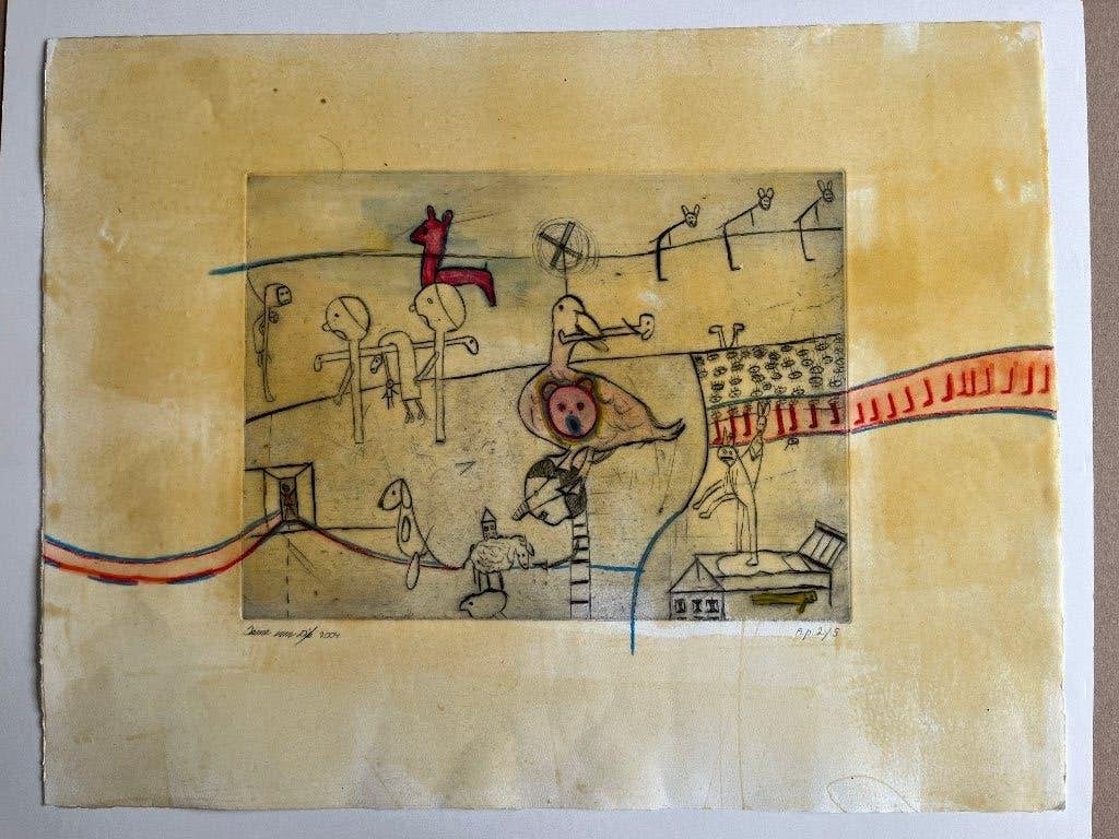 Irene van Dijk - Ets - Plezier, 2000 tot heden, Dagelijks leven, 40 cm, Ets