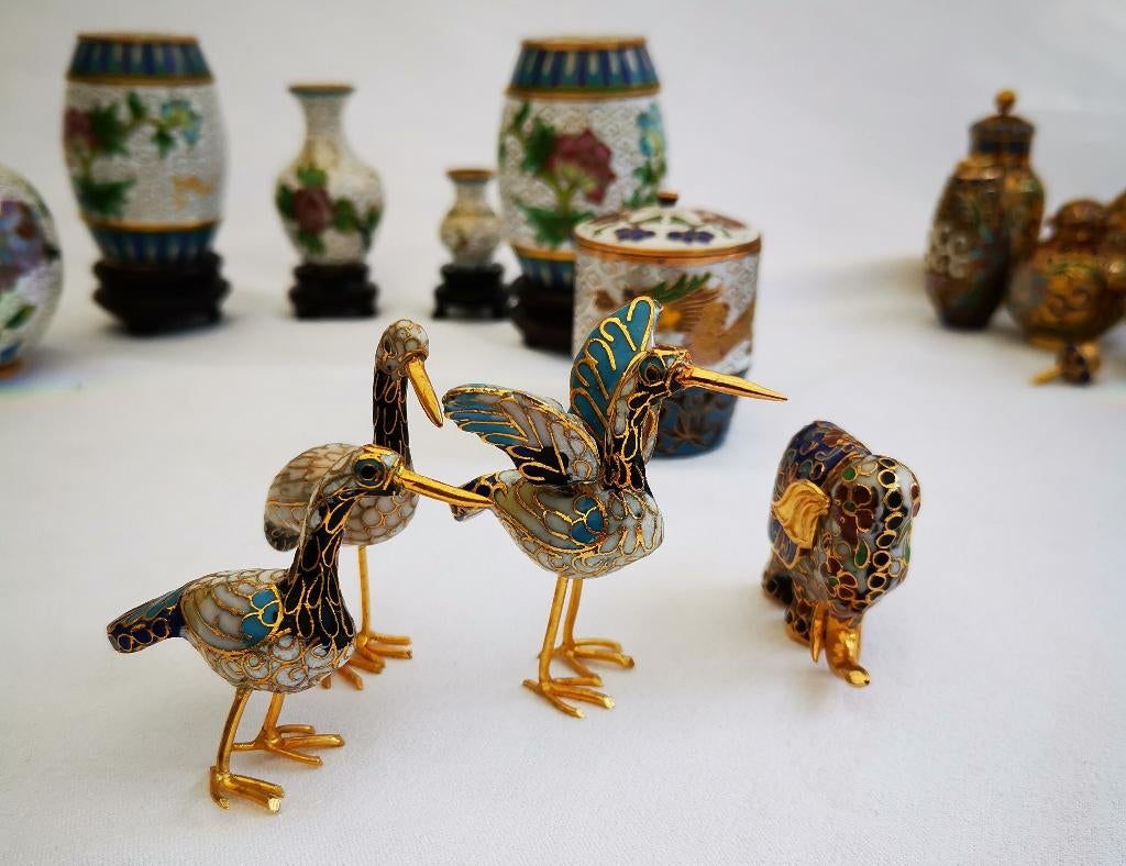 4 vintage Chinese CLOISONNE emaille kraanvogel Elefant beeld, Ophalen of Verzenden