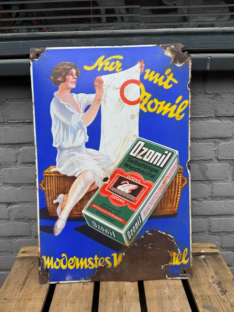 Vintage Ozonil Emaille Reclamebord - Duitsland, Verzamelen, Merken en Reclamevoorwerpen, Gebruikt, Reclamebord, Ophalen