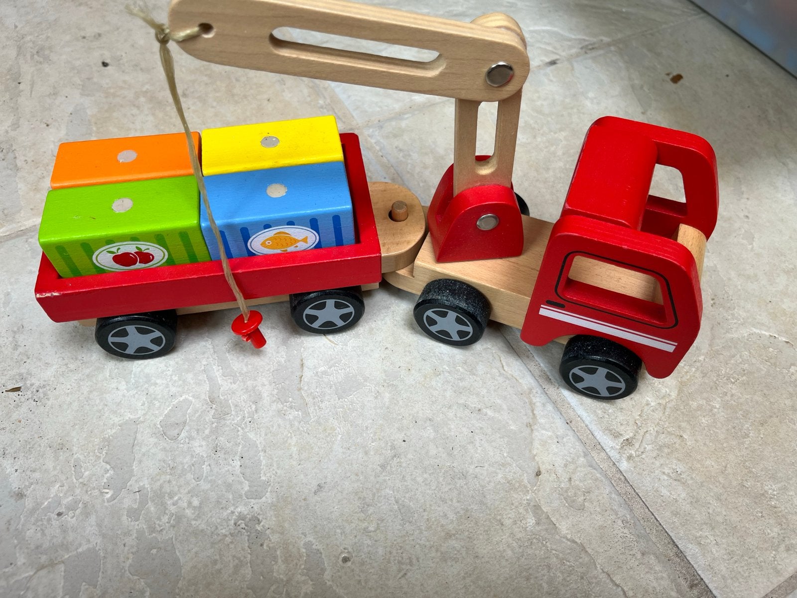 Houten speelgoedkraanwagen met blokken, Ophalen, Gebruikt, Duw- of Trekspeelgoed