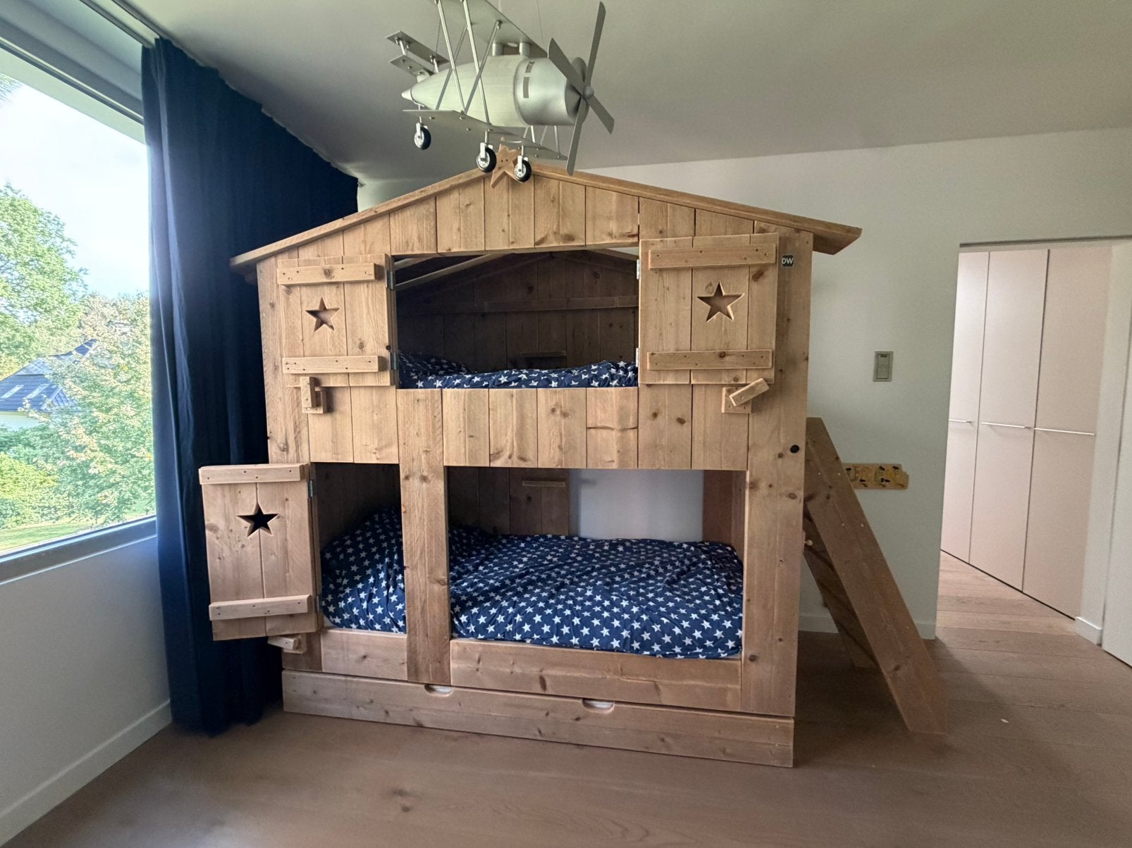 Steigerhouten Boomhutbed DutchWood  (3-pers) Incl. Matrassen, Ophalen, 85 tot 100 cm, Hoogslaper of Stapelbed, Zo goed als nieuw