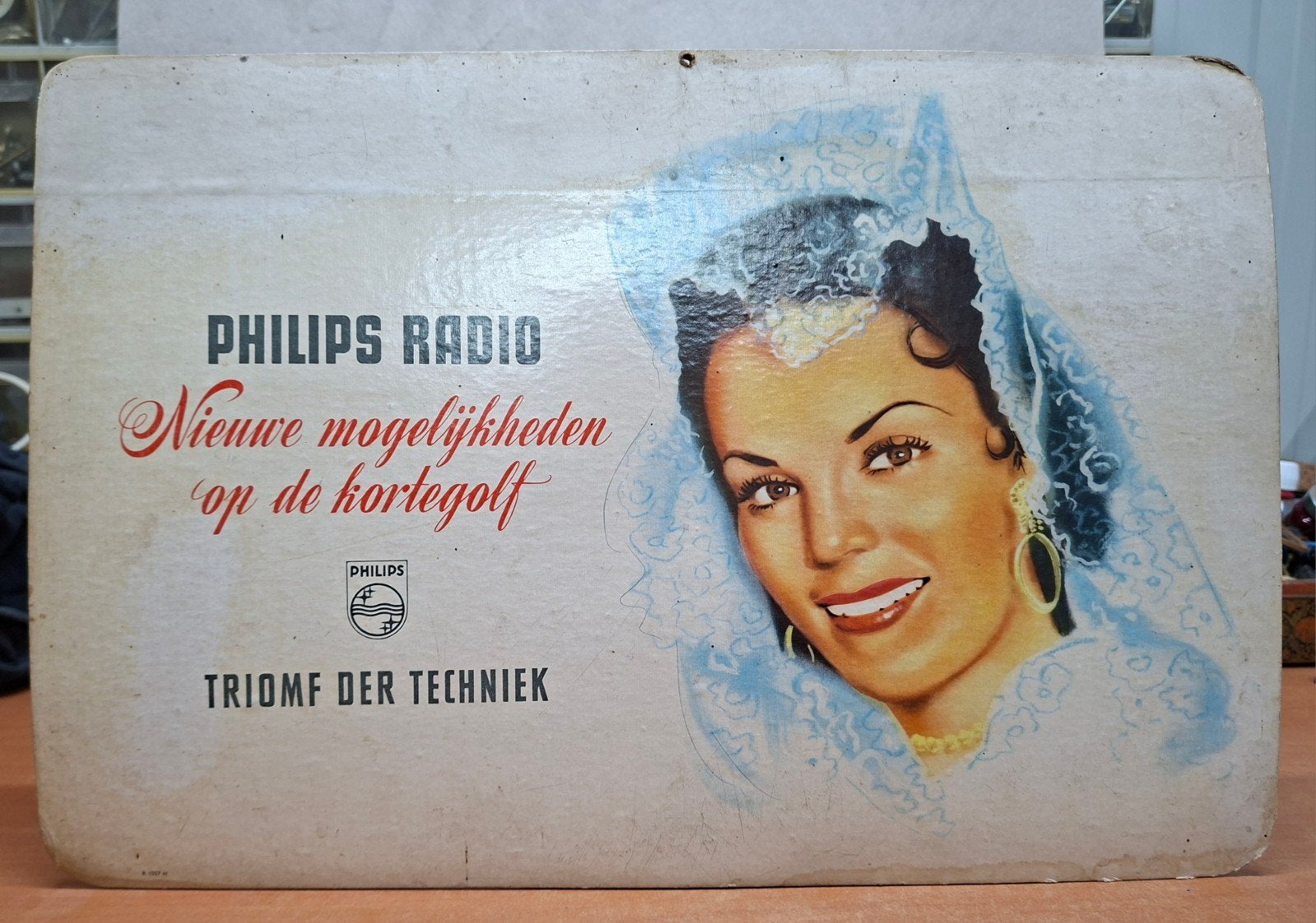 Philips Radio Reclamebord origineel uit 1949 zeldzaam uniek, Verzamelen, Ophalen, Gebruikt, Reclamebord