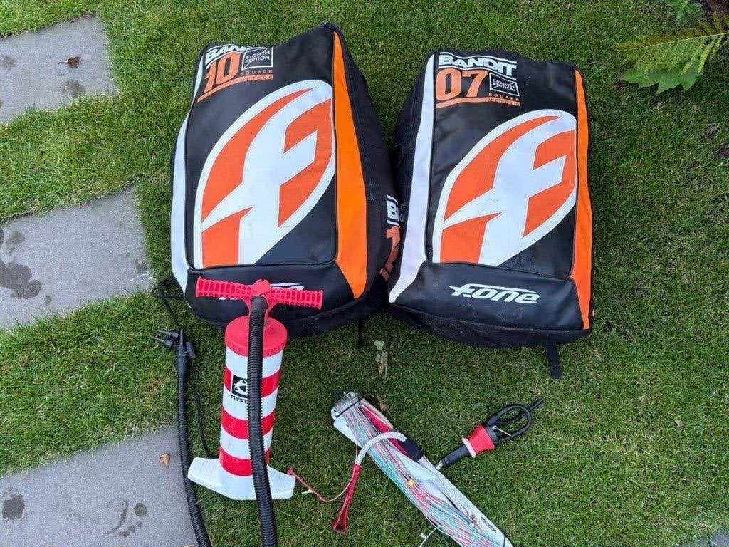 Kitesurf set F-One Bandit | 7m + 10m + bar + pomp, Watersport en Boten, Ophalen, Gebruikt, Kitesurf-set, 10 m²