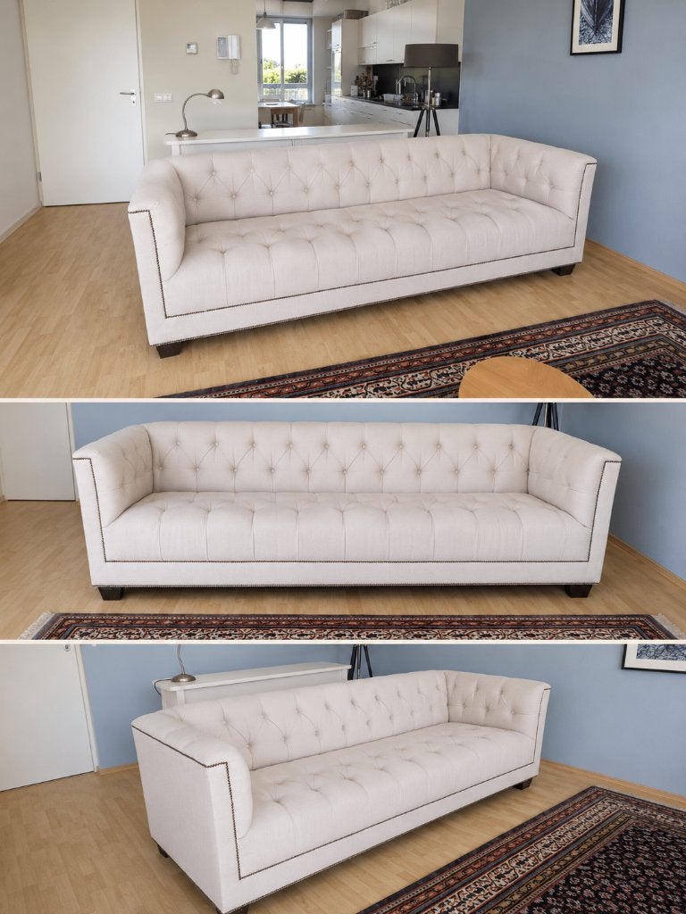 Strakke klassieke bank - zandkleurig - linnenlook, Huis en Inrichting, Banken | Bankstellen, 250 tot 300 cm, Gebruikt, Driepersoons