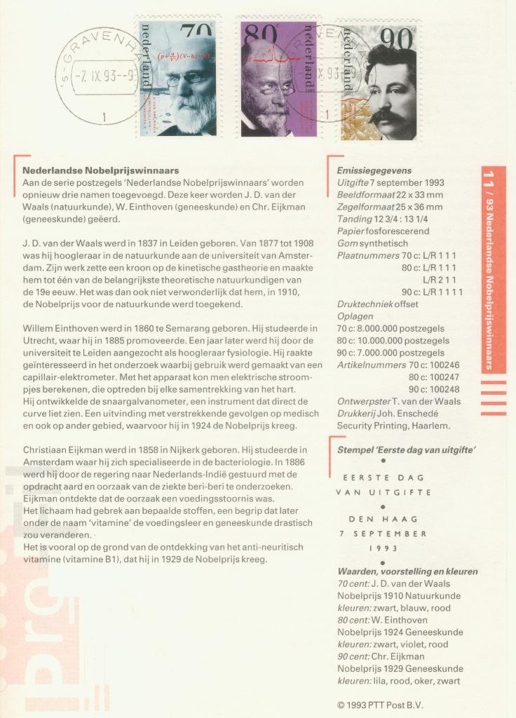 Postzegels Nederland, 1993 Nobelprijswinnaars. No. 11., Postzegels en Munten, Brieven en Enveloppen | Nederland, Ophalen of Verzenden