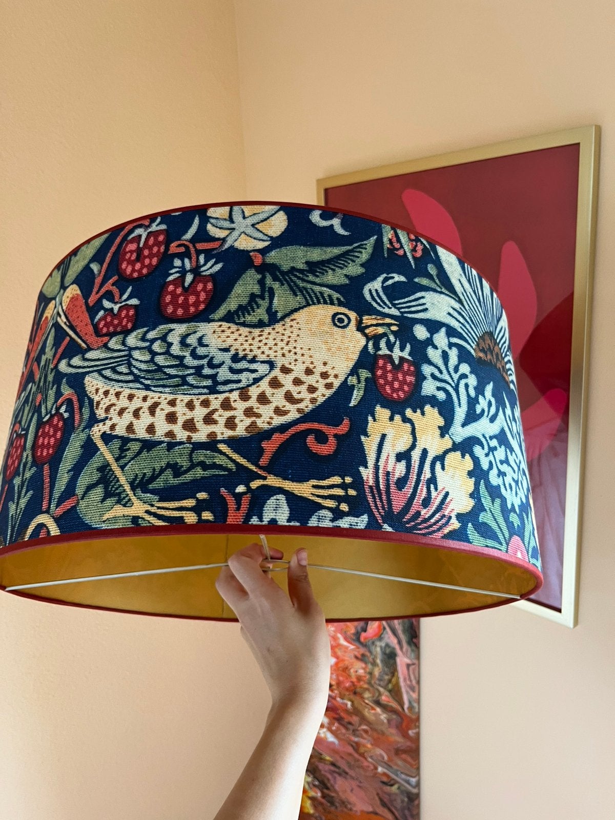 Grote lampenkap william morris blauw rood vogels, Huis en Inrichting, Ophalen, Rond, 47 cm, Zo goed als nieuw