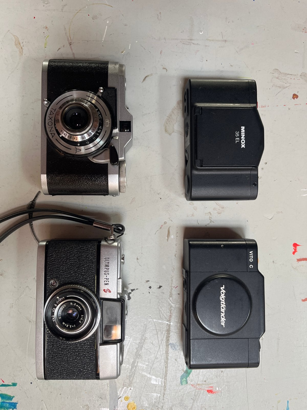 Vintage camera collectie: Taxona, Olympus Pen S, Nimox, Vito, Ophalen of Verzenden, Gebruikt, Compact, Overige Merken