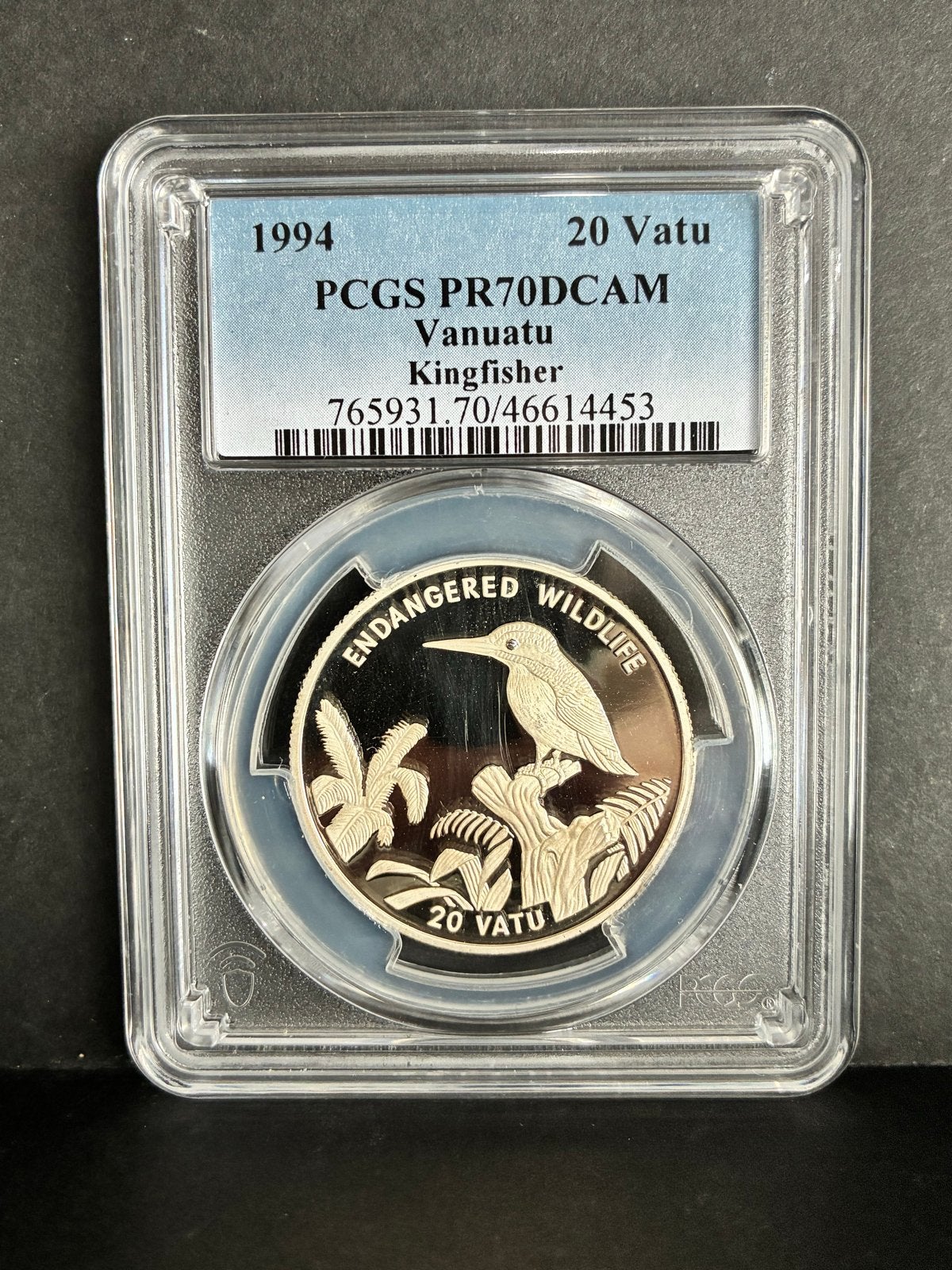 1994 Vanuatu 20 Vatu Kingfisher PCGS PR70DCAM Zilver, Ophalen of Verzenden, Zuidoost-Azië, Losse munt, Zilver