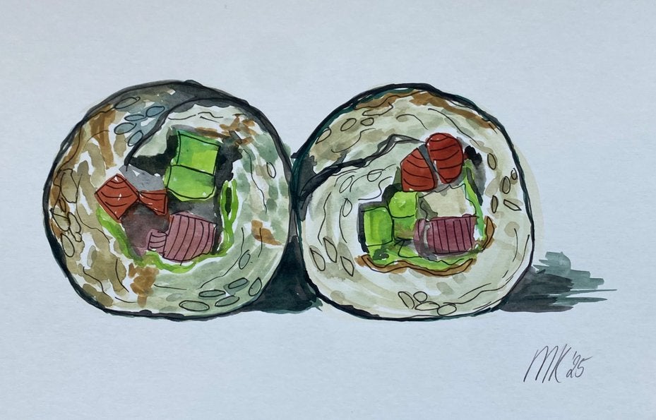 Origineel schilderij sushi leuk in de keuken met lijst, Ophalen of Verzenden