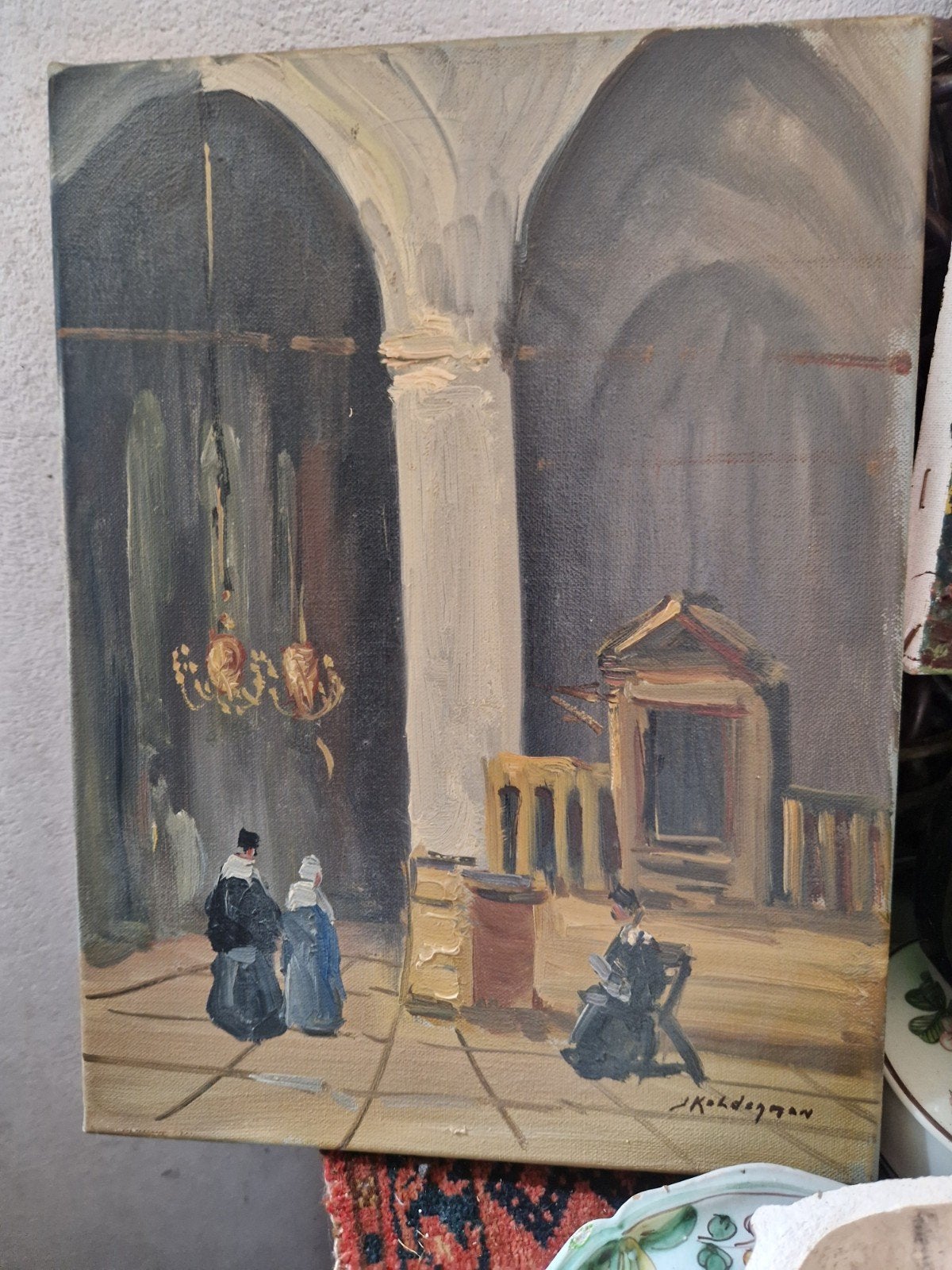 Olieverfschilderij Kerkinterieur door J. Kelderman, Antiek en Kunst, Kunst | Schilderijen | Klassiek, Ophalen of Verzenden
