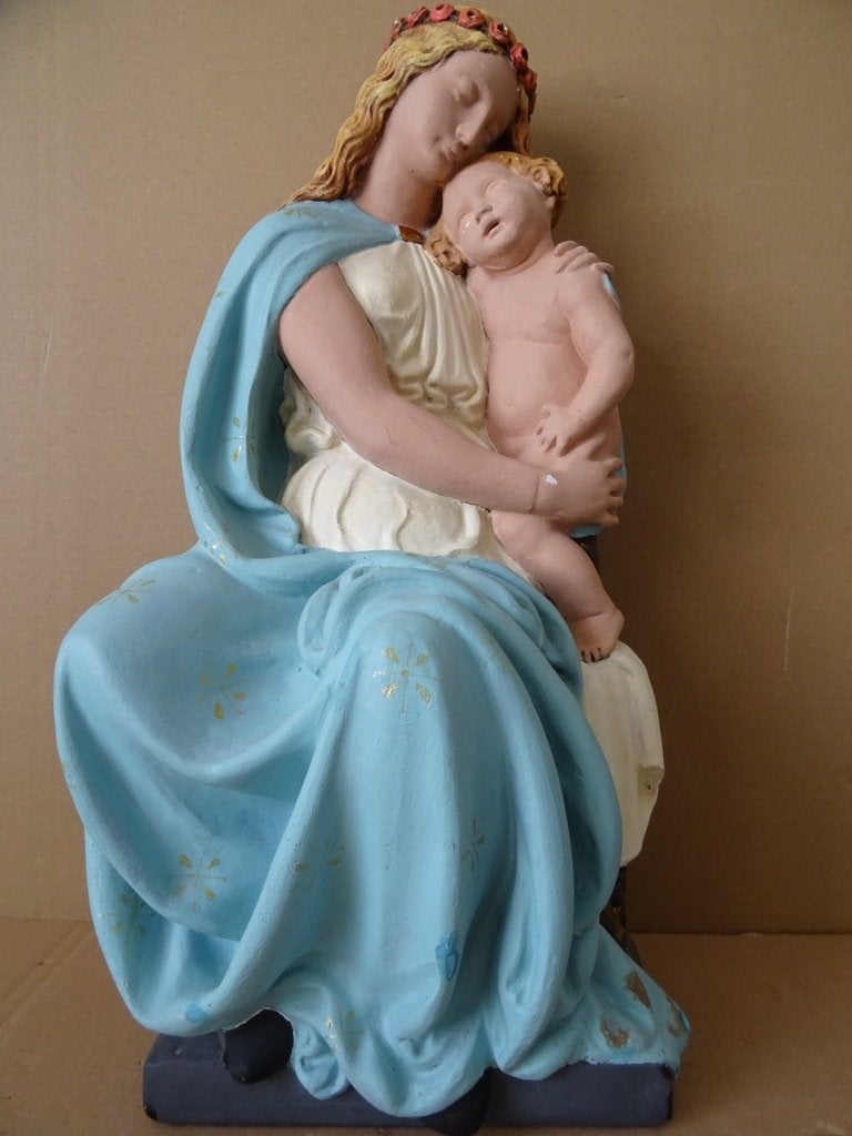 Antiek Mariabeeld de Moeder Gods met Jezus 51cm gips 1920, Antiek en Kunst, Ophalen of Verzenden