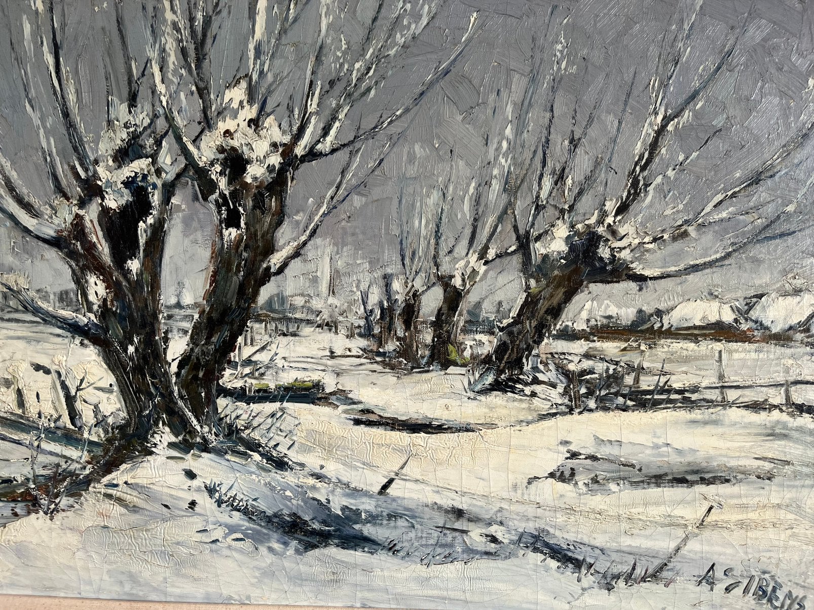 Schilderij wintergezicht olieverf op doek klassieke lijst, Ophalen