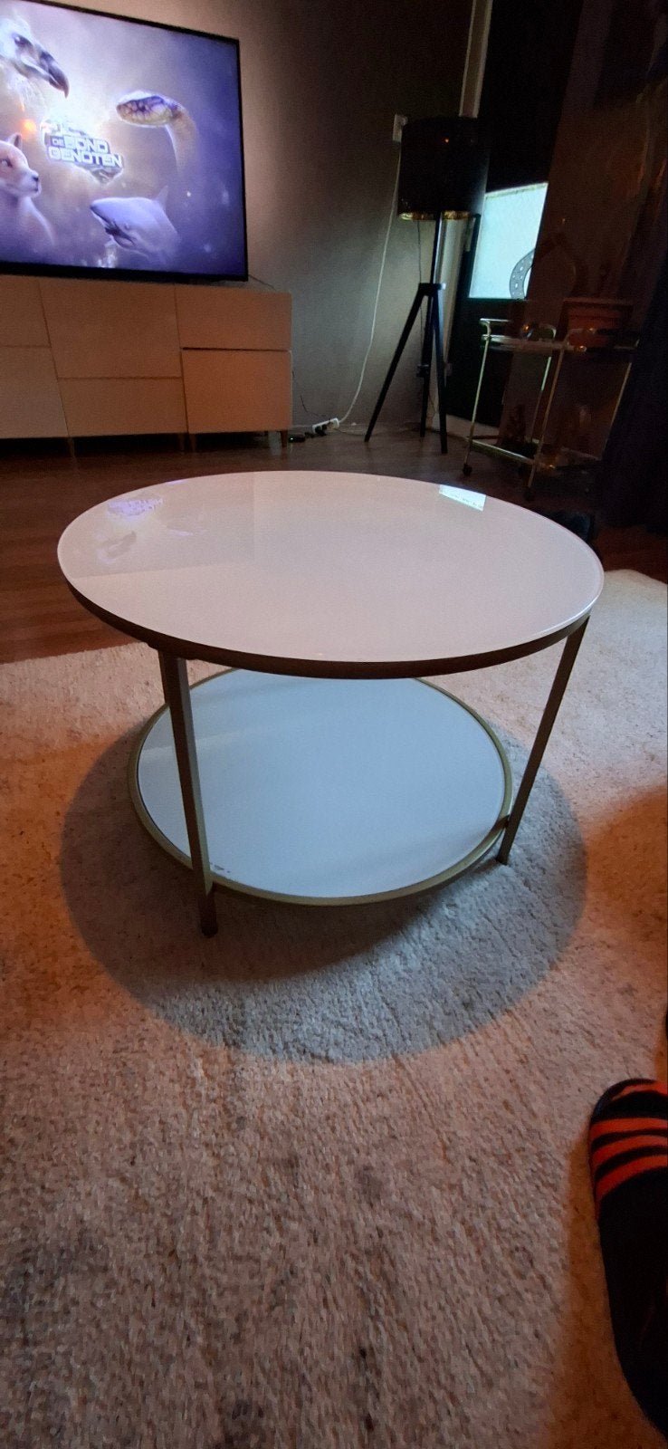 Glazen salontafel met gouden onderstel, Ophalen, Zo goed als nieuw, Rond, Glas