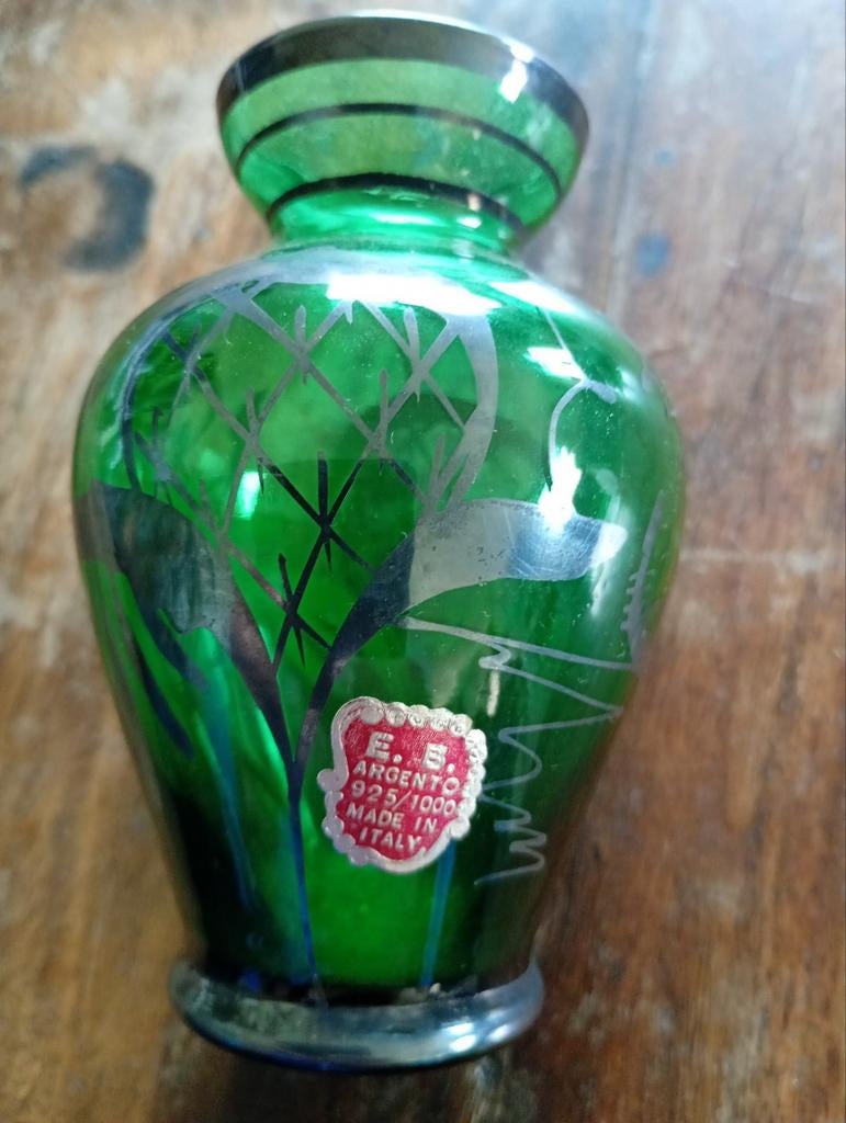 Vintage Glazen Vaas met Zilveren Decoratie, Made, Ophalen of Verzenden