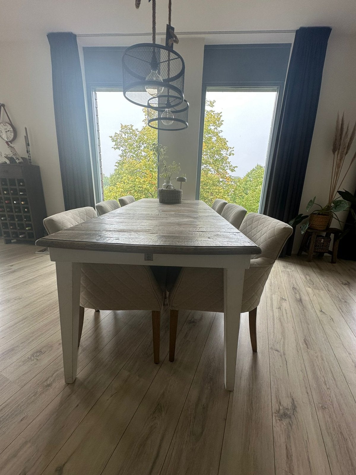Riviera Maison driftwood tafel met 6 RM stoelen., Ophalen, 200 cm of meer, 50 tot 100 cm, Vijf personen of meer
