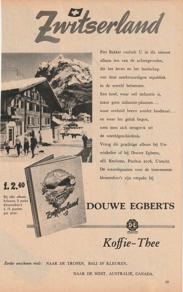 Retro reclame 1956 Douwe Egberts album Zwitserland, Verzenden, Overige typen