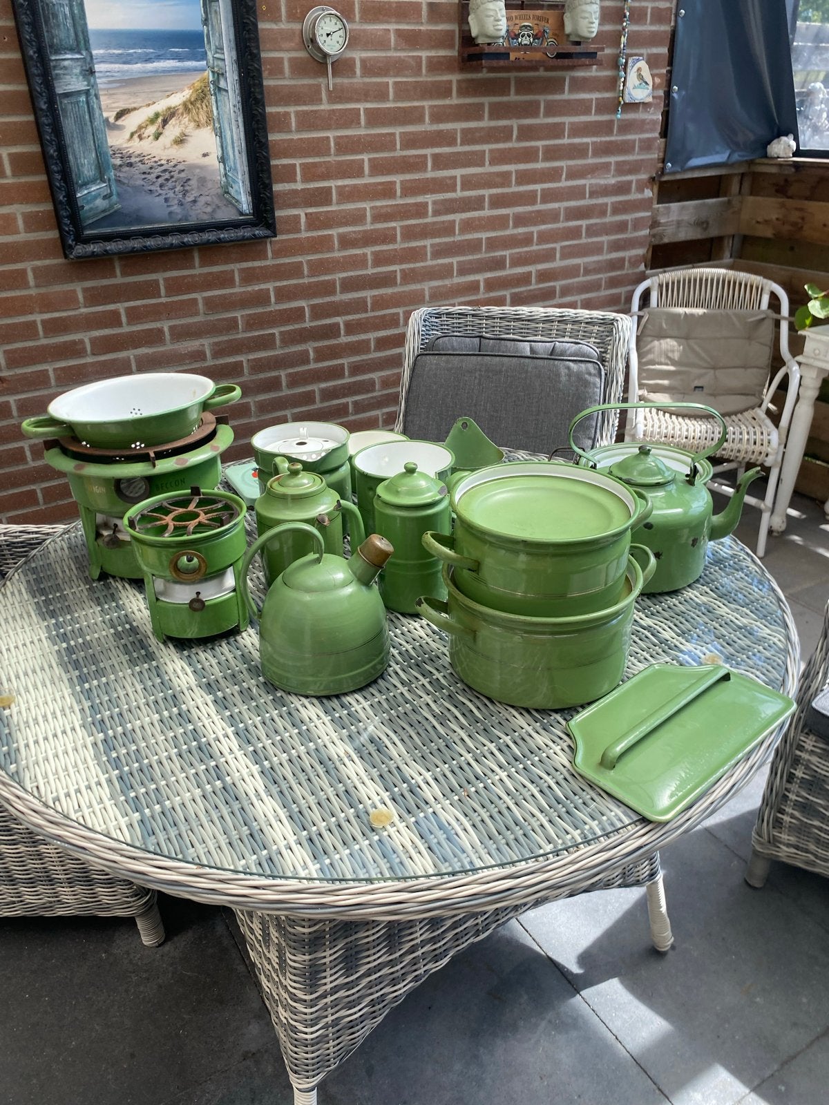 Grote collectie vintage groen geëmailleerd keukengerei, Antiek en Kunst, Ophalen