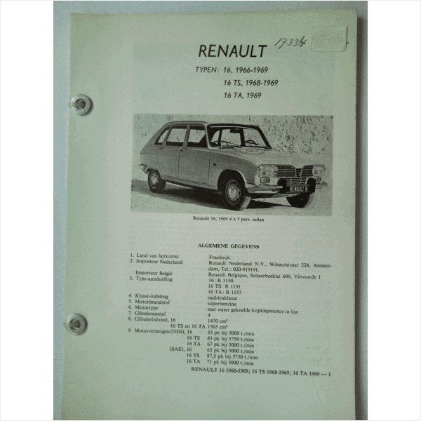 Renault 16 Vraagbaak losbladig 1966-1969 #2 Nederlands, Ophalen of Verzenden, Gelezen, Renault