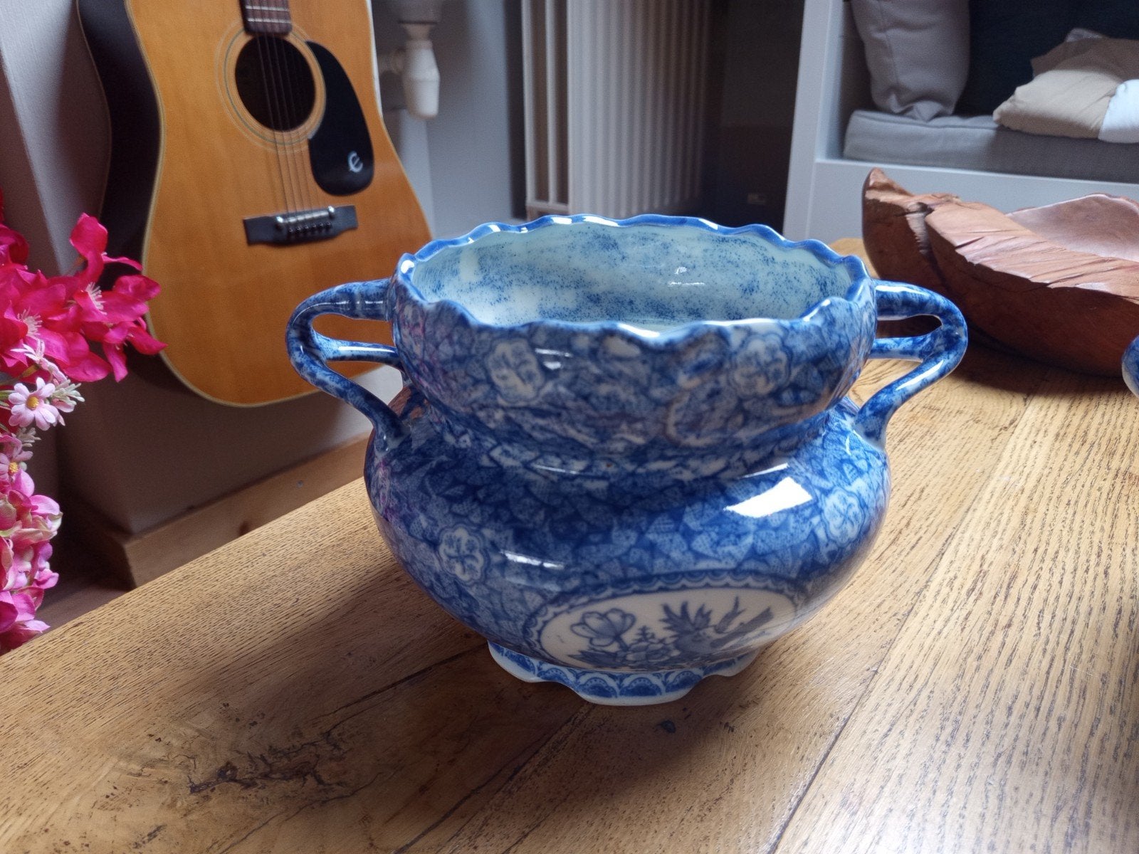 Antieke Delfts Blauwe Bloempot met Handvatten, Ophalen of Verzenden