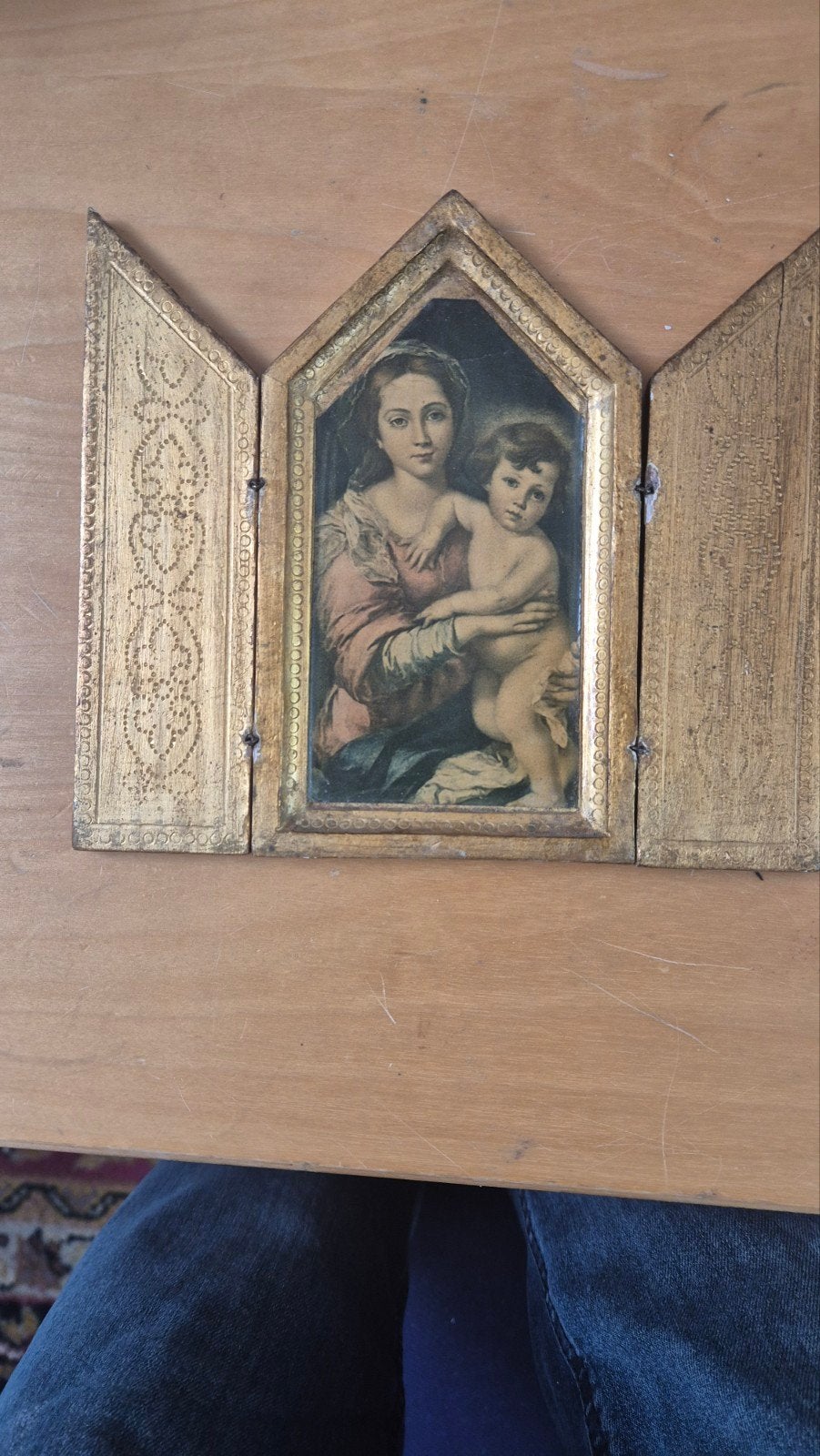 Antiek drieluik met Madonna en Kind, Ophalen of Verzenden