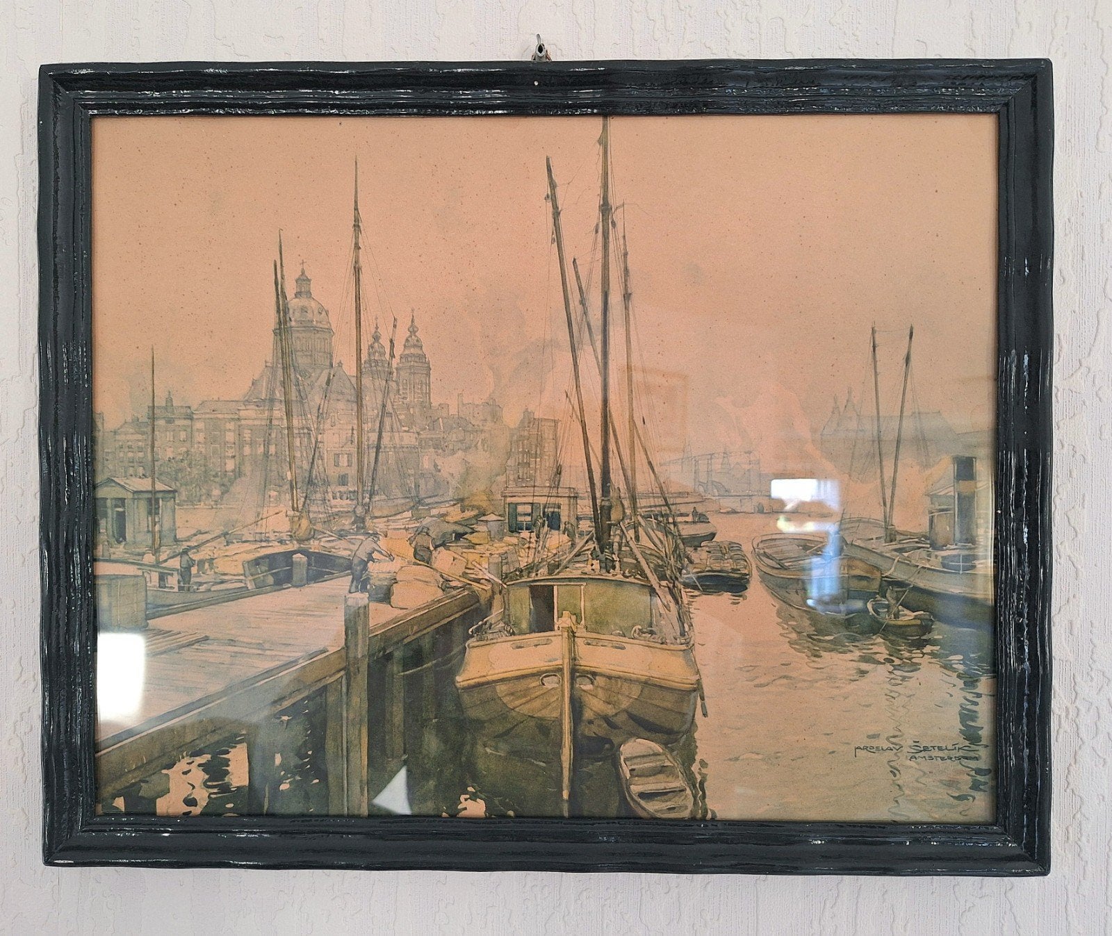 De binnenhaven van Amsterdam door Jaroslav Setelik, Realistisch, Ophalen of Verzenden, Aquarel, Stads- / dorpsgezicht