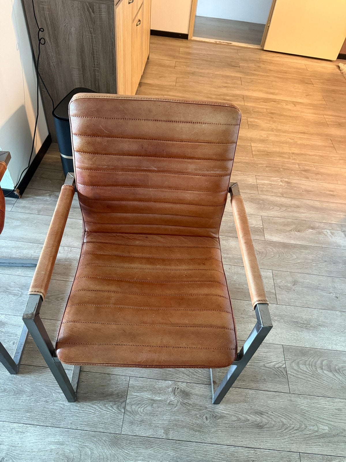Prachtige set van 6 industriële eetkamerstoelen, Huis en Inrichting, Stoelen, Ophalen, Gebruikt, Bruin, Leer