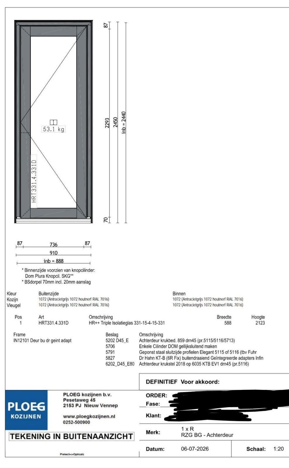 Nieuwe geïsoleerde buitendeur RAL 7016 HR+++ SKG slot, Ophalen, 80 tot 100 cm, 215 cm of meer, Nieuw