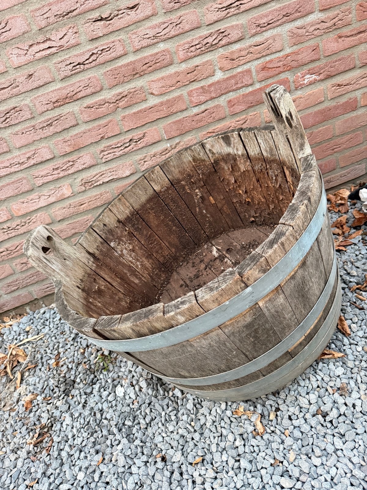 Mooie houten kuip met hartjes, ca. 70 cm doorsnee, Ophalen, Gebruikt, Balkon, Rond