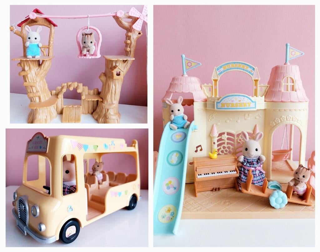 Set Sylvanian Families, crèche/kabelbaan/schoolbus + figuren, Ophalen of Verzenden, Gebruikt