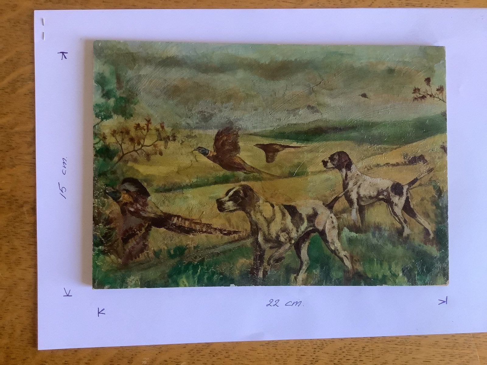 Olieverfschilderij: Jachthonden en fazanten in landschap, Paneel, Realistisch, Dieren, Ophalen of Verzenden