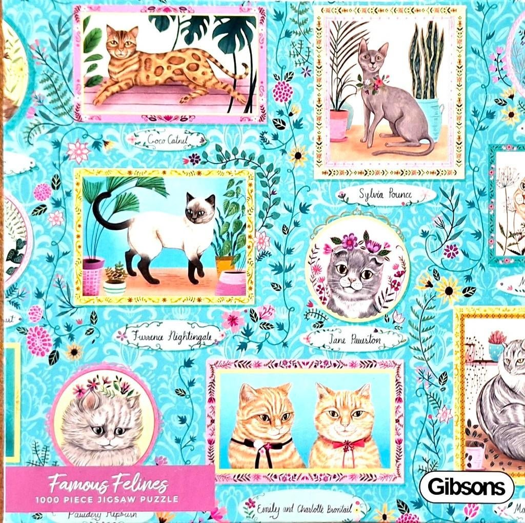 Gibsons puzzel Famous Felines 1000 pc. Zgan, Ophalen of Verzenden, 500 t/m 1500 stukjes, Zo goed als nieuw, Legpuzzel