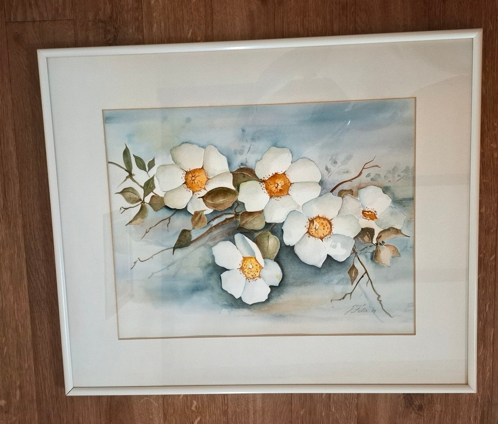 Prachtige aquarel van witte bloemen in lijst, Ophalen