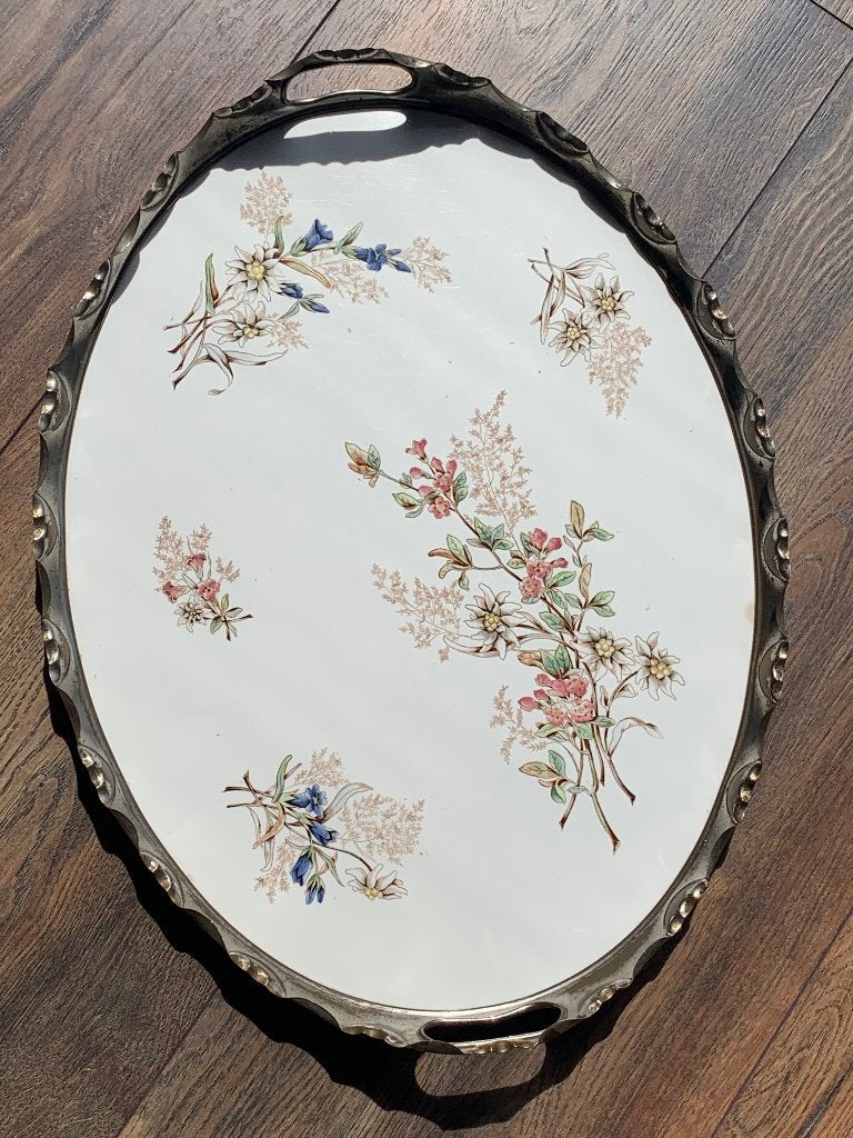 Antiek dienblad porselein alpenbloemen jugendstil, Ophalen