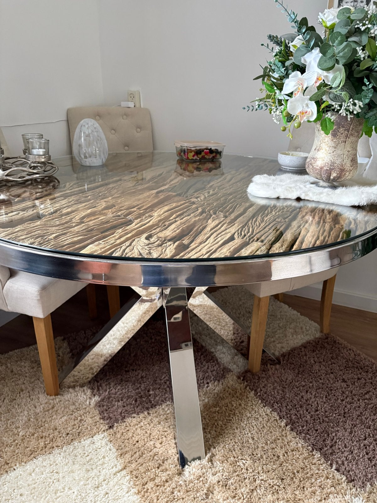 Ronde eettafel met zilveren poot en drifthout inleg, Huis en Inrichting, Tafels | Eettafels, Ophalen, Gebruikt, 100 tot 150 cm