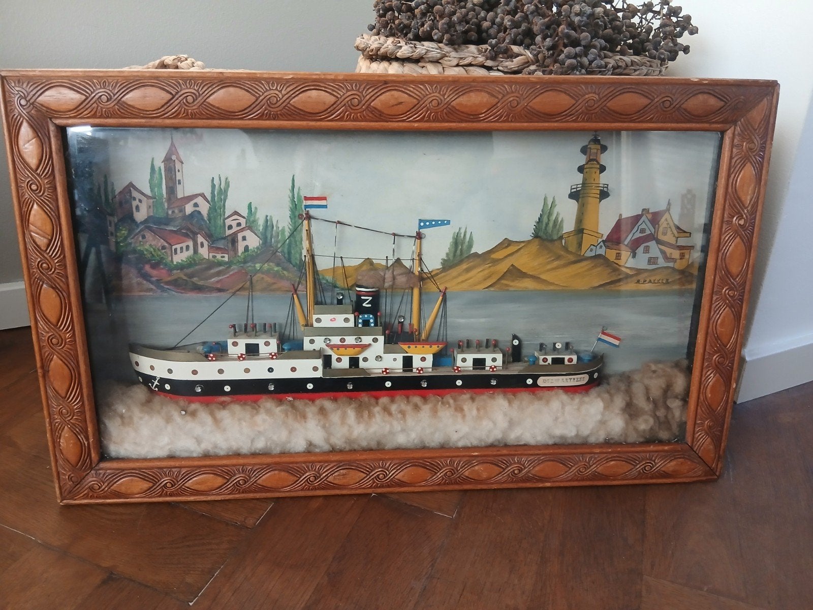 Vintage Schilderij met 3D Schip en Zeegezicht, Maritiem / water, Overige ondergronden, Ophalen of Verzenden, Gesigneerd