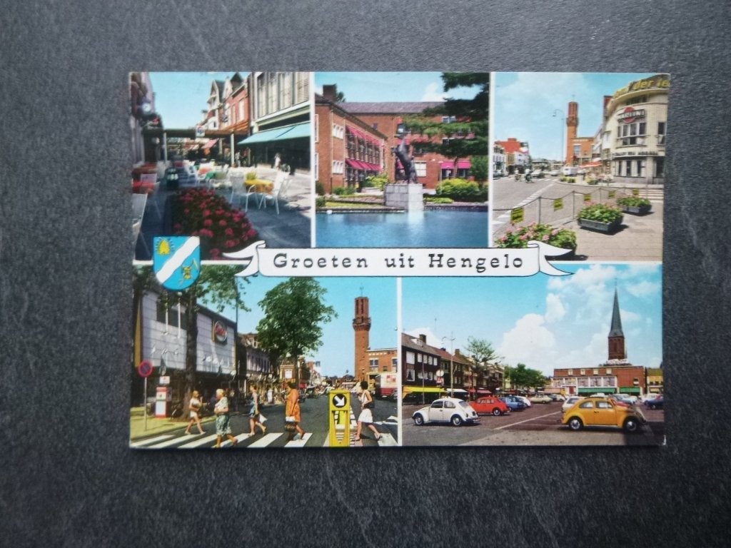 Hengelo, groeten uit/kerk/auto 1975, Verzamelen, Verzenden, 1960 tot 1980, Gelopen, Overijssel