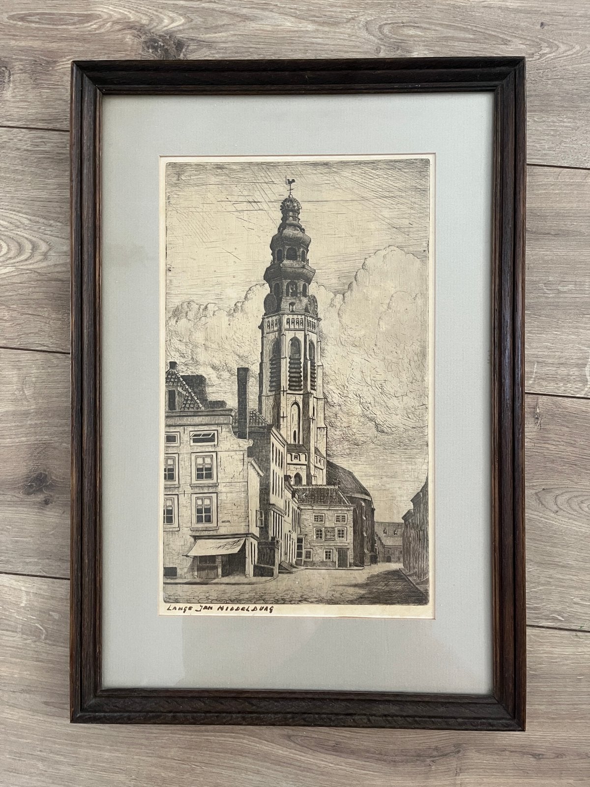 Oude ets Lange Jan Middelburg, Ophalen of Verzenden, Ets